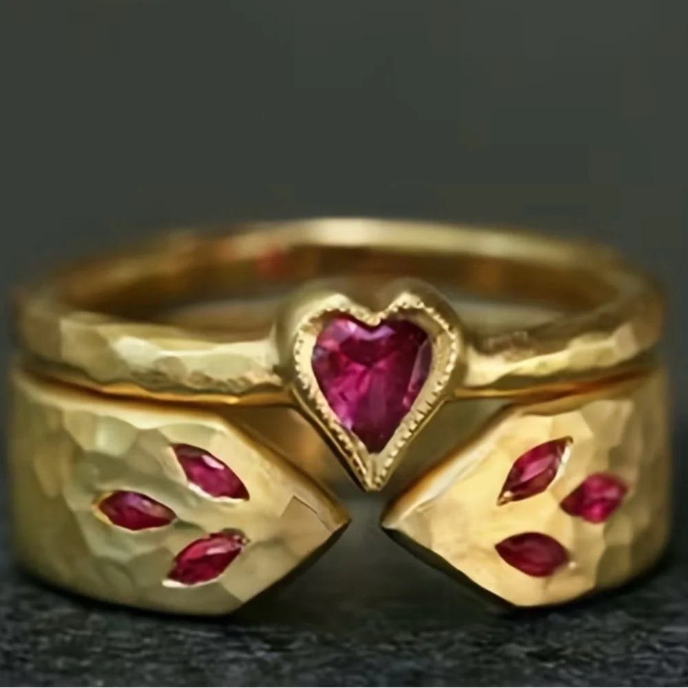 Gold Ring Set with Heart and Leaf Red Accents